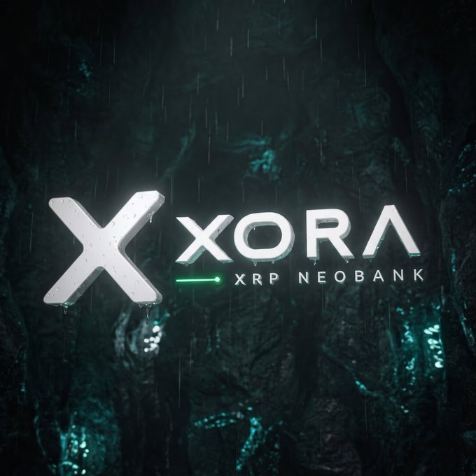 A promotional graphic for XORA (XRP Neobank) featuring a white 'X' logo and text against a dark, rainy, greenish textured background.