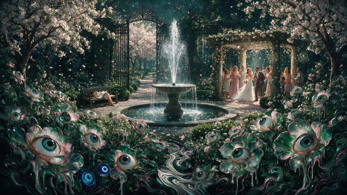 A surreal garden scene featuring a central fountain, a wedding party in the background, and bizarre rose-like flowers in the foreground that have realistic human eyes in their centers.