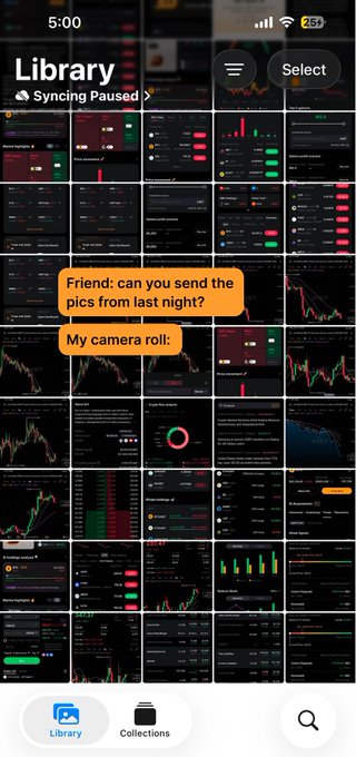 A smartphone photo library showing trading charts with a humorous text exchange: a friend asks for pics from last night, and the reply shows the camera roll filled with financial/stock market charts.