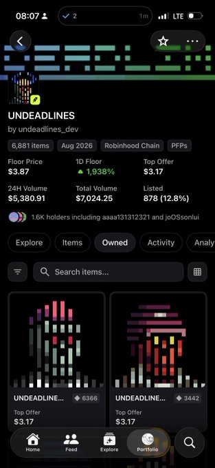 The image shows a mobile screenshot of the UNDEADLINES NFT collection on Robinhood Chain, displaying key stats like a $3.87 floor price (+1.938% 1D), 5,380.91 24H volume, and 1.6k holders, with two pixel-art style zombie/profile pictures visible in the owned items section. The user's caption about minting 200 for free 2 days ago connects to the image by showing the collection they're part of, highlighting the opportunity to acquire these PFPs at no cost early on.