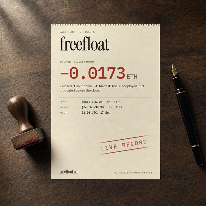 A receipt-style document from 'freefloat' on freefloat.io shows trading data including '-0.0173 ETH', mentions '$Mozi +26.7%' and '$Depth -38.9%', stamped 'LIVE RECORD', displayed on a wooden desk with a stamp and fountain pen.