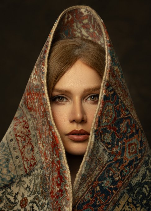 A portrait of a young woman wrapped in an ornate, patterned textile that frames her face against a dark background.
