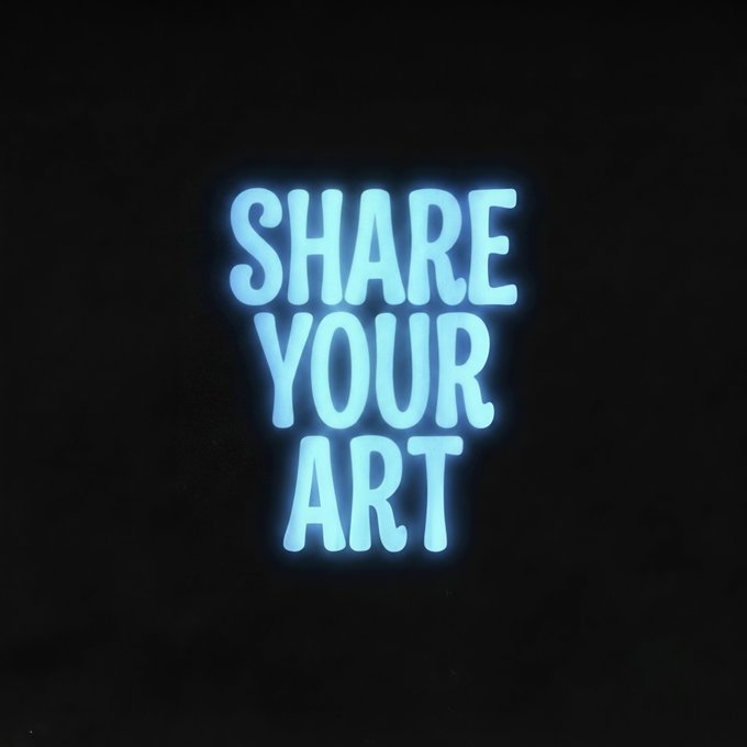 A glowing neon-style sign with light blue text reading 'SHARE YOUR ART' against a black background.