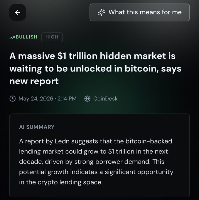 A black screen displays a summary of a report titled "A massive $1 trillion hidden market is waiting to be unlocked in Bitcoin, says new report" and the date "May 24, 2016".
