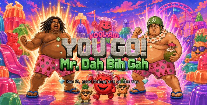 A vibrant promotional banner for "YOU GO! Mr. Dah Bih Gah" features two muscular cartoon characters in tropical-themed swimwear alongside Kool-Aid-themed mascots and pineapple characters, with the tagline "Run it, good things are on the way." The colorful, candy-coated aesthetic visually reinforces the playful, humorous tone of the Ourbit creator challenge inviting users to share funny gameplay moments.