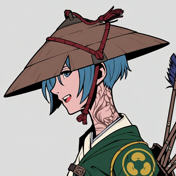 An anime-style illustration of a character with blue hair wearing a wide-brimmed straw hat and a green robe featuring a circular crest, with arrows visible on their back.