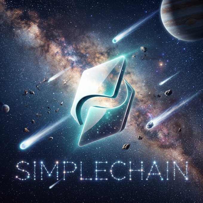 Digital artwork for 'SIMPLECHAIN' featuring a translucent, glowing logo floating in a cosmic scene with galaxies, planets, and comets.