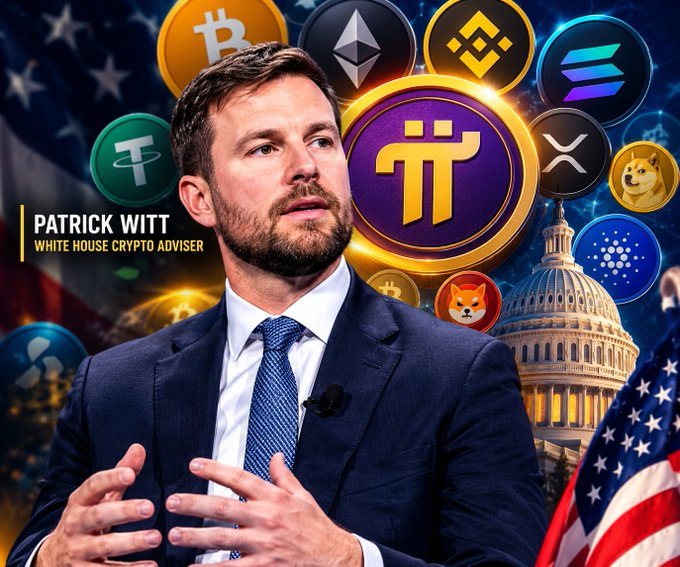 The image features Patrick Witt, identified by on-screen text as "White House Crypto Adviser," shown in a suit gesturing while speaking, with various cryptocurrency logos (including Bitcoin, Ethereum, Pi, XRP, Dogecoin, Cardano, and Solana) and the U.S. Capitol building displayed in the background. The visual reinforces the post's theme of Washington advancing crypto legislation, specifically the CLARITY Act, by highlighting Witt's role as a White House advisor surrounded by symbols of both the crypto industry and U.S. government.