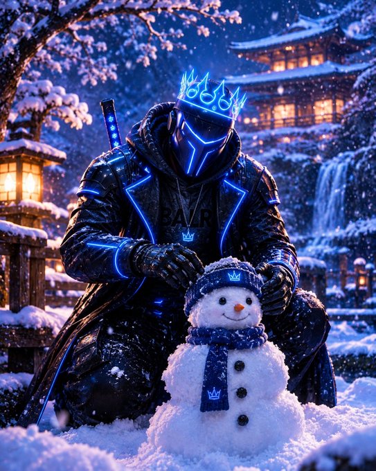A cyberpunk-style illustration of a ninja character wearing a glowing blue crown and mask, kneeling in a snowy scene with a small snowman and traditional Japanese buildings in the background, featuring "BAZA" text on the outfit.