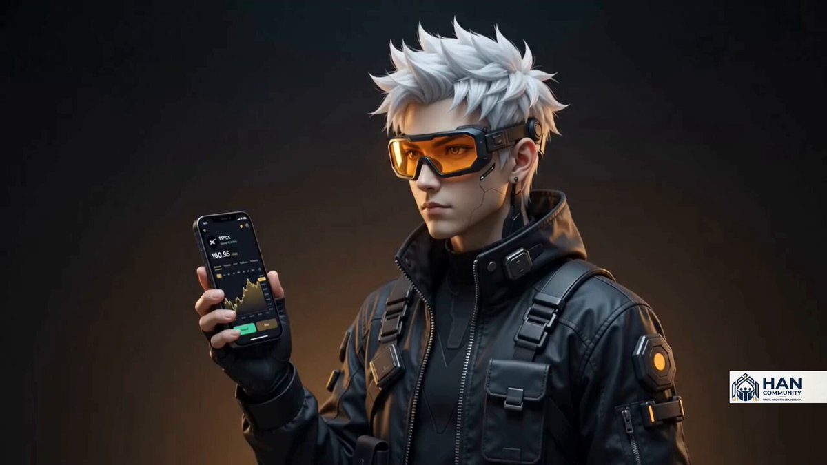 The image features a man dressed in black clothing holding up his phone with a green screen. The background of the image is dark gray, which contrasts with the white text that reads "HAN" at the bottom right corner. The main focus of the image seems to be on the man's phone and its content, possibly related to stocks or cryptocurrency discussions.