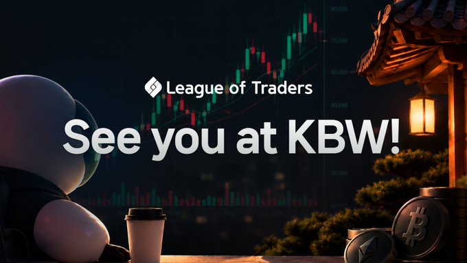 A promotional graphic for 'League of Traders' with the text 'See you at KBW!' featuring a stylized character looking at stock charts, set against a night scene with a traditional building, pine tree, and Bitcoin-themed coins.