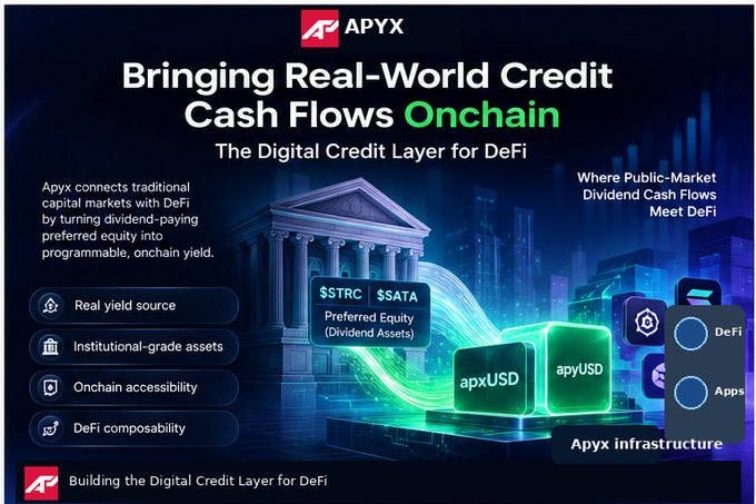 A promotional graphic for APYX titled 'Bringing Real-World Credit Cash Flows Onchain,' highlighting features like 'Real yield source' and 'Onchain accessibility' with products apxUSD and apyUSD.