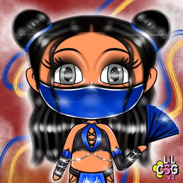 A digital illustration of a chibi-style female character with black hair in buns, wearing a blue face mask and outfit, labeled 'Lil Cosplay V2'.