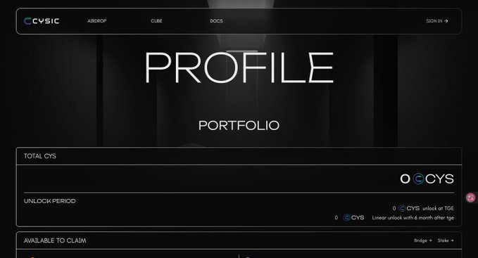 The image shows a dark-themed profile page on cysicfoundation.org displaying a user's "PROFILE" and "PORTFOLIO" with their total holdings showing "0 CYS", along with sections for "UNLOCK PERIOD" (mentioning TGE and linear unlock with 6-month cliff) and "AVAILABLE TO CLAIM" — illustrating the unclaimed Cysic (CYS) airdrop the post is urging users to check before claiming or bridging to BSC.