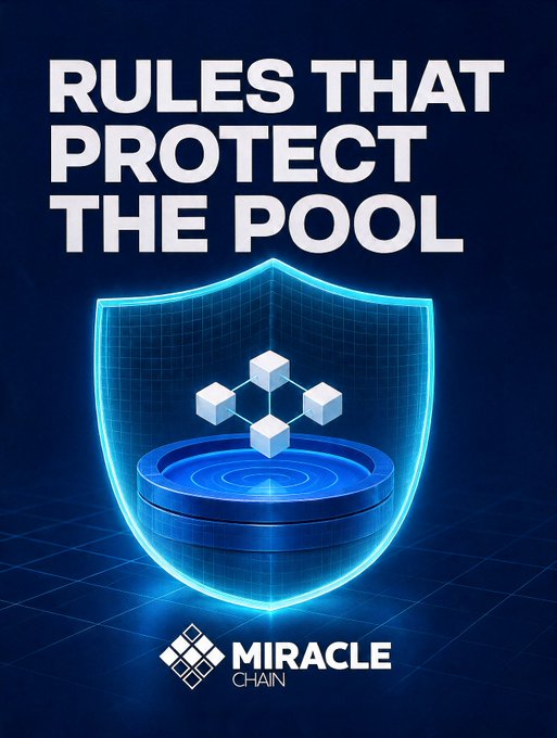 A blue promotional graphic for Miracle Chain titled 'RULES THAT PROTECT THE POOL', featuring a glowing blue shield with blockchain cube icons above a circular pool-like structure.