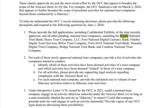 The image shows a screenshot of a letter written by Elizabeth Warren, a Democratic Congresswoman. It appears that she has sent this letter to Ripple cryptocurrency exchange service, demanding the exchange to hand over confidential charter documents. The purpose of her demand seems to be to gain information on these documents for potential legal action against Ripple, as they are part of an investigation or case involving Ripple and the Office of the Comptroller of the Currency (OCC).
