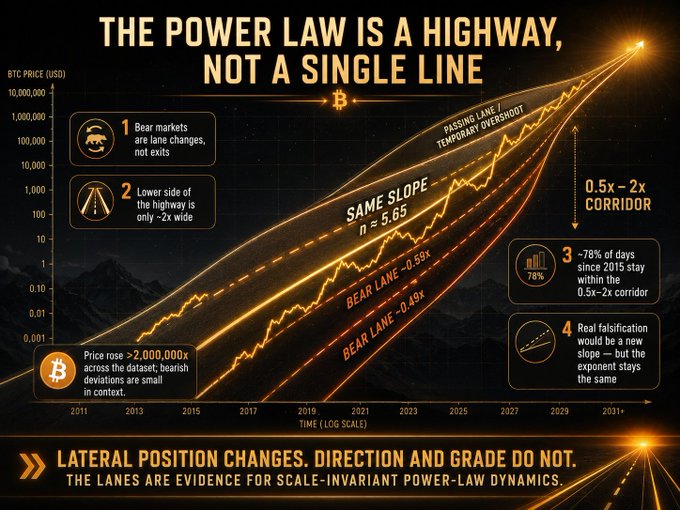 An infographic titled "The Power Law Is a Highway, Not a Single Line" displays BTC price on a logarithmic USD scale from 2011 to 2031+, showing Bitcoin's growth along parallel "bear lanes" (-0.59x and -0.49x) below a central slope of n≈5.65, with 78% of post-2015 data falling within a 0.5x-2x corridor. The accompanying caption reinforces that price deviations represent lateral lane changes along the same slope rather than violations of the power-law model.