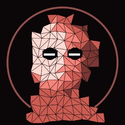 A geometric, low-poly style portrait of a figure with white hair and red-tinted skin featuring blank black eyes, set against a dark background with a red circle.