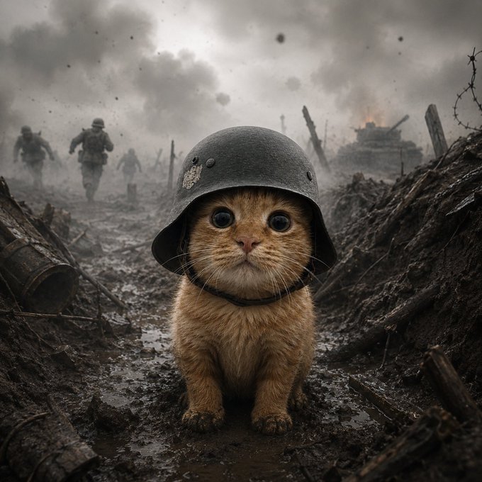 An orange kitten wearing a military helmet sits in a muddy trench amidst a chaotic battlefield, visually representing the brand "TrenchMew" for the #TMEW token on Solana. The image uses the metaphor of a battlefield to illustrate market volatility mentioned in the accompanying post.