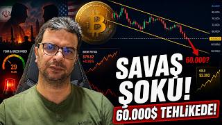 A man with glasses sits in front of a financial-themed thumbnail showing a declining Bitcoin price chart, a missile icon, and Turkish text reading "SAVAŞ ŞOKU! 60,000$ TEHLİKEDE!" (War Shock! $60,000 at Risk!), warning of a potential Bitcoin drop to $60,000 due to escalating war tensions, matching the post's alert about war risks shaking the crypto markets.