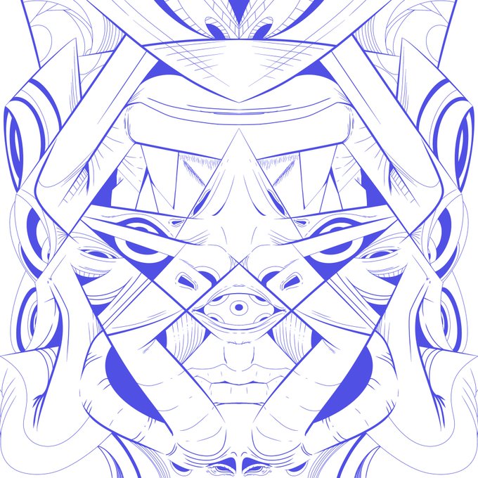 A blue and white symmetrical line-art design features a central demonic face with horns, enclosed within a hexagram and intricate geometric patterns.