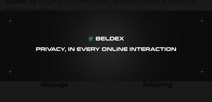A dark-themed promotional banner for BELDEX with the tagline 'PRIVACY, IN EVERY ONLINE INTERACTION', credited to backers including Sigma VC, NewTribeCap, EAK_Digital, nxgen_xyz, and digiconsense.