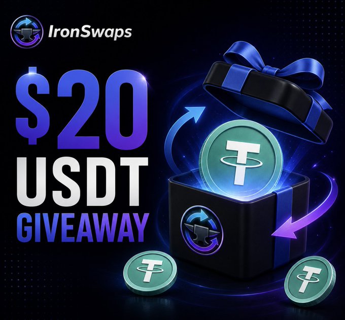 An IronSwaps promotional graphic advertising a '$20 USDT GIVEAWAY' featuring a gift box containing a Tether (USDT) coin with blue ribbon decoration.