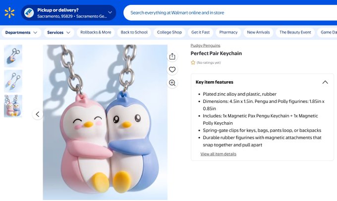A Walmart product page for 'Buddy Penguins Perfect Pair Keychain,' featuring two magnetic hugging penguin figurines (one pink, one blue) with detailed item specifications.