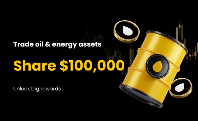 A promotional banner reading 'Trade oil & energy assets' and 'Share $100,000' with 'Unlock big rewards' text, featuring a 3D yellow oil barrel and gold coins with oil droplet symbols.
