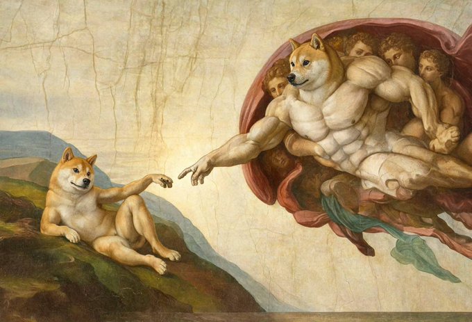 This art depicts the creation of Doge, reimagining Michelangelo's "The Creation of Adam" with Shiba Inu dogs. The image humorously illustrates the origin and essence of the Doge meme culture.