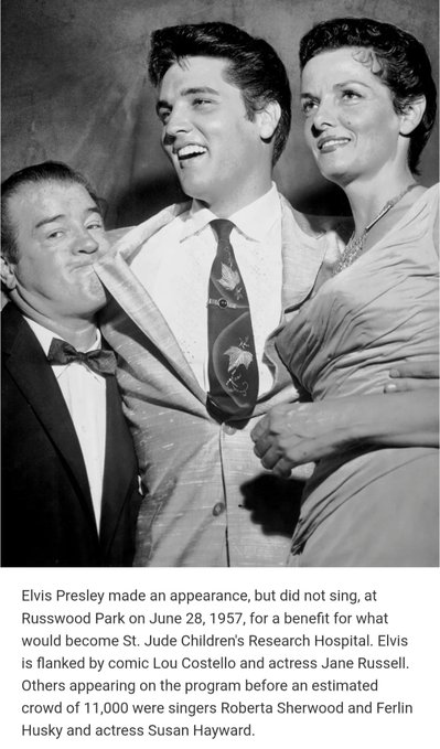 Black and white photo of Elvis Presley flanked by Lou Costello and Jane Russell, with caption text explaining Elvis appeared but did not sing at Russwood Park on June 28, 1957, for a St. Jude benefit.