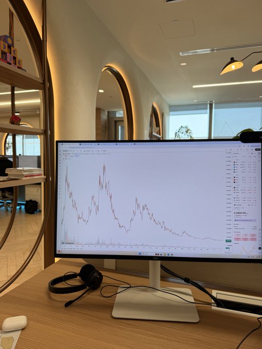 A modern office desk setup featuring a large monitor displaying a financial chart, with headphones and an AirPods case placed in front of the screen.