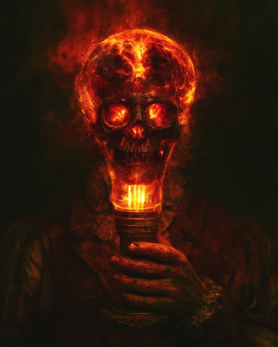 A menacing figure shrouded in shadow clutches a blood-red, glowing skull that appears to be aflame, with fiery light emanating from its eye sockets and emerging from a cylindrical base held in weathered, decayed hands.
