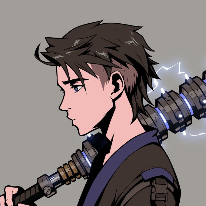 An anime-style illustration shows a young man with brown hair in profile, carrying a large mechanical weapon with glowing blue energy components strapped to his back.