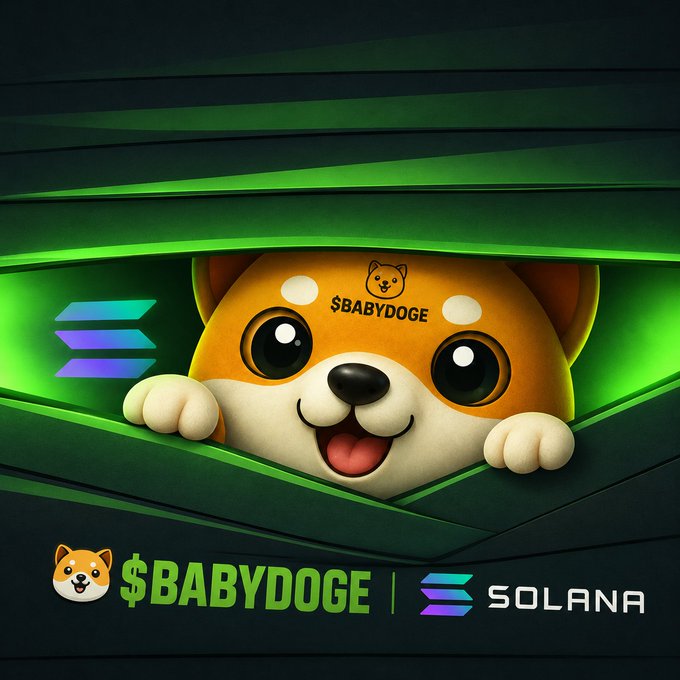 A cute cartoon Shiba Inu pup with "$BABYDOGE" on its forehead peeks out from between dark green curtains, alongside the text "$BABYDOGE | SOLANA" and a Solana logo. The image serves as a playful visual mascot for the post announcing a trade of the $BABYDOGE token on the Solana blockchain.