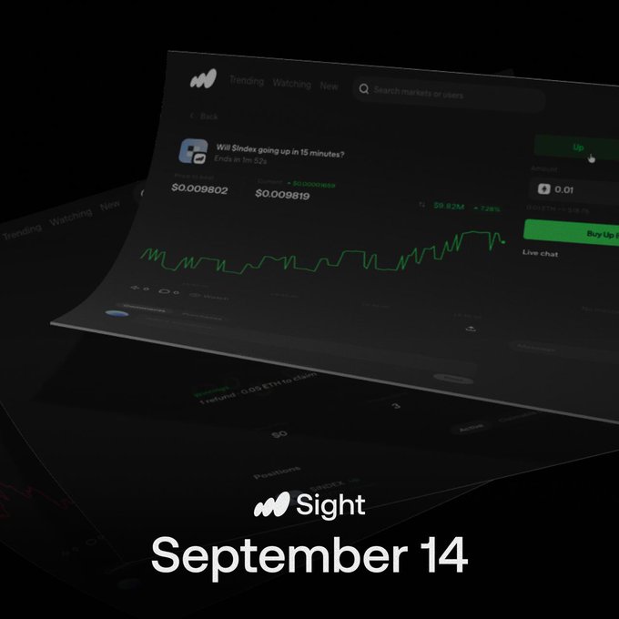 A dark-themed trading interface displaying a meme coin market on "Sight," featuring a question "Will SIndex going up in 15 minutes?" with a green price chart showing $0.009802 / $0.009819 and a 728% gain. The "September 14" announcement with "@sight_hood live" text overlays the interface, promoting an upcoming live trading event.