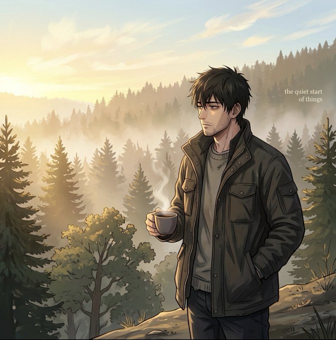 An anime-style illustration shows a dark-haired man in a green jacket holding a steaming cup of coffee while standing on a rocky outcrop overlooking a misty pine forest at sunrise, with the text 'the quiet start of things' in the upper right.