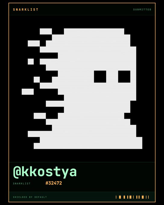 A pixel art Snarklist submission card #32472 by @kkostya, featuring a white blocky ghost-like figure on a dark green background.
