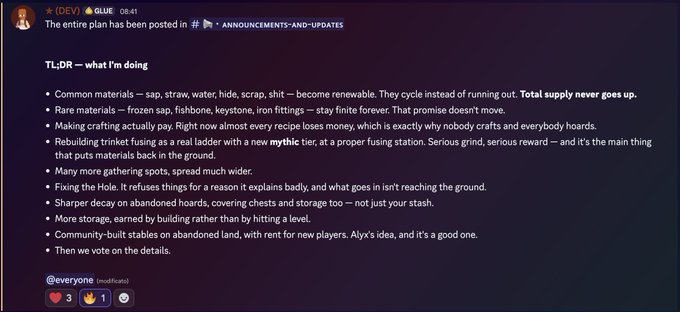 The image shows a Discord message from user "DEVI" (Glue 08:41) containing a TL;DR post about the Gluniverse economy, outlining planned changes including making common materials renewable, freezing rare materials, overhauling crafting and trinkel fusing, and adding community-built stables on abandoned land. This relates to the accompanying text discussing ongoing conversations about the Gluniverse economy's improvements and future-proofing.