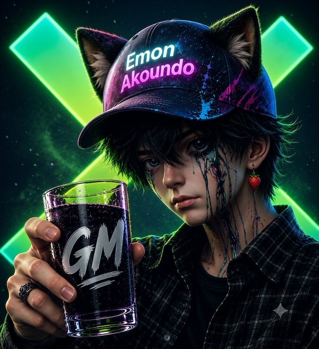 A digital illustration of a person with cat ears wearing a galaxy-patterned cap with the text 'Emon Akoundo', dark makeup dripping down their face, and holding a glass labeled 'GM'.