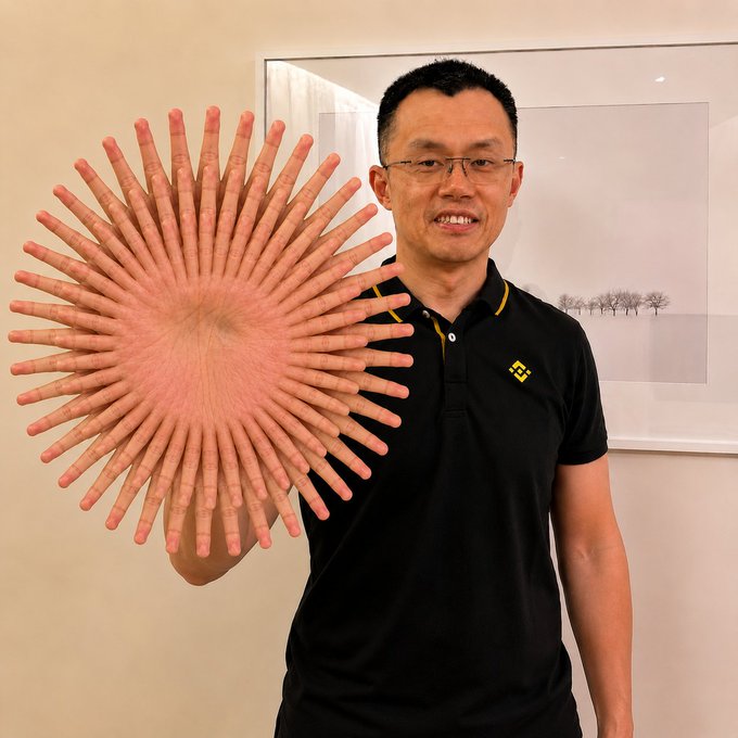 A man wearing glasses and a black polo shirt smiles while holding up his hand, which has been digitally multiplied into a radial burst of fingers, in front of a framed picture of trees. The image humorously illustrates the post about the 64 million market cap for $CZ, with the explosive display of fingers symbolizing a big cheer or celebration for the $CZ token at address 0x7A848a5A8169aa6a2f603D056A749f924F504444.