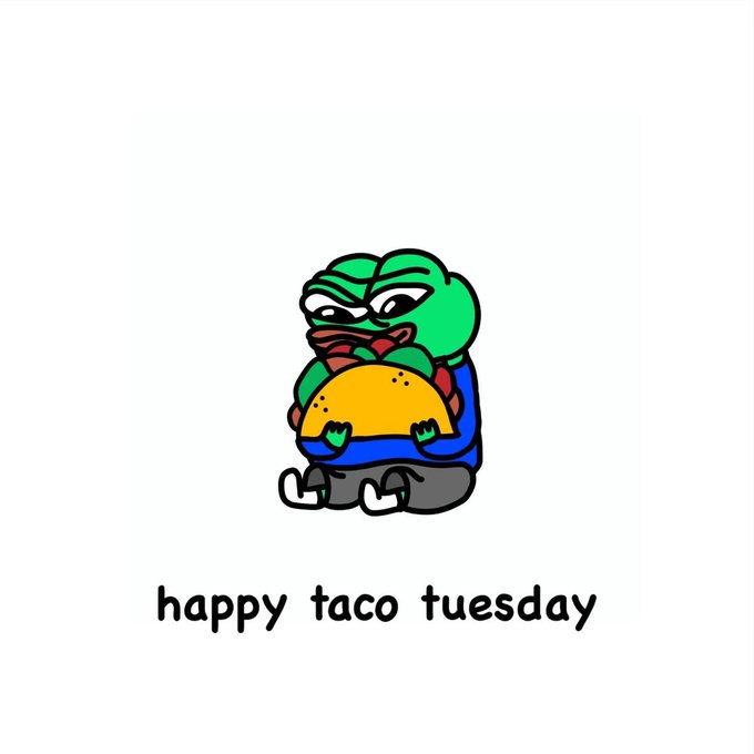 A cartoon illustration of a grumpy green Pepe frog character hugging a taco with the caption 'happy taco tuesday' on a light background.