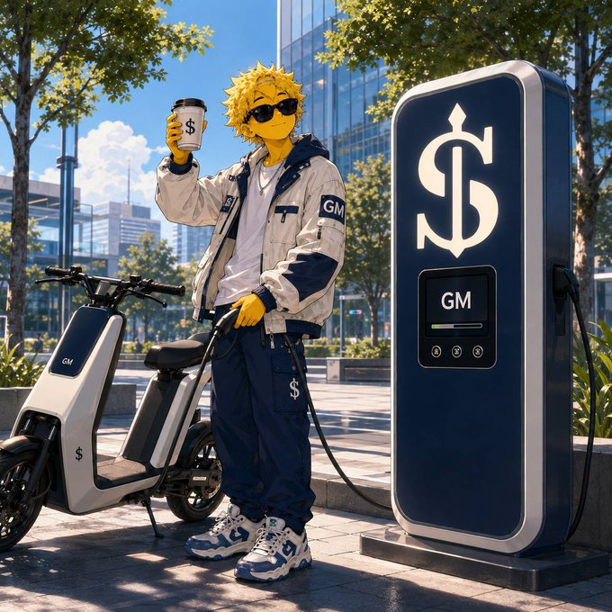 An anime-style illustration depicts a character with yellow spiky hair and sunglasses holding a coffee cup, standing between an electric scooter and a charging station labeled 'GM' featuring a dollar sign logo.