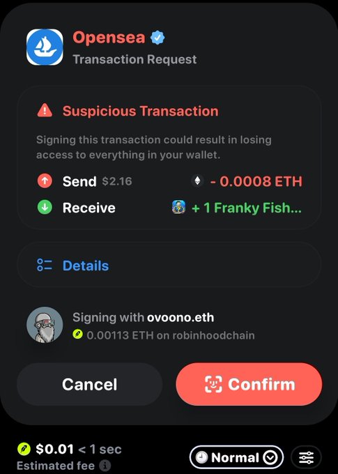 A suspicious transaction notification from OpenSea on a wallet app, showing a transaction sending 0.0008 ETH to receive a "Franky Fish" NFT, with the message warning that signing could result in losing access to the wallet.