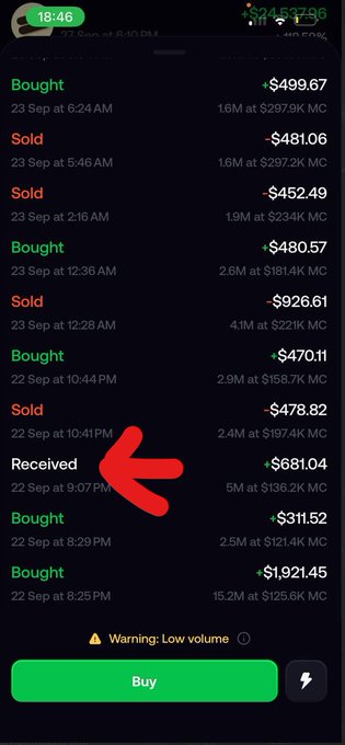 A mobile trading screen displays a history of transactions on September 22-23, with a red arrow highlighting a "Received" entry of +$681.06 (5M tokens at $136.2K MC), appearing to show evidence of a KOL receiving token supply before selling it shortly after to push a project.