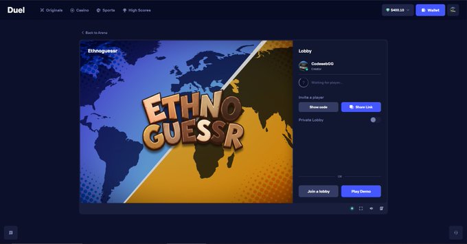 A Duel gaming lobby screen displays an "Ethnoguessr" game where user "CeelessGO" (with $425.25 visible) is waiting for players, with options to join the lobby or play demo—matching the social media post inviting others to challenge them in Ethnoguessr for a $25 prize.