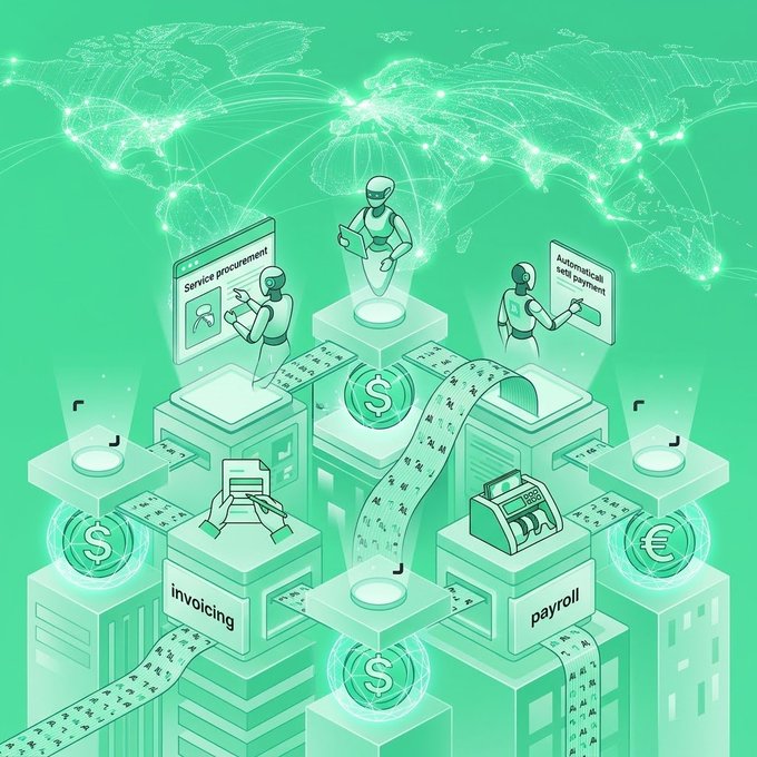 A green-themed isometric digital illustration depicting global fintech and automated business processes, showing robots interacting with screens labeled 'Service procurement' and 'Automatic call debt payment', alongside buildings marked 'invoicing' and 'payroll' with dollar and euro symbols.