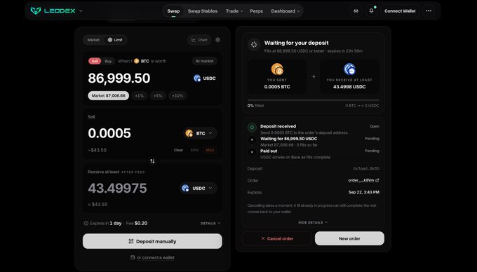 A screenshot of the LEDGEX crypto exchange swap interface, showing a BTC to USDC trade at a market price of $86,999.50, with 0.0005 BTC to be sold for approximately 43.49975 USDC.