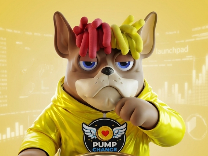 A 3D-rendered cartoon dog with red and yellow dreadlocks wears a yellow hoodie featuring a "PUMP CHANGE" logo with a winged heart.
