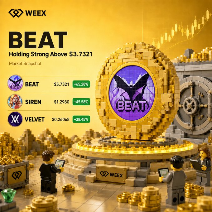 The image depicts a group of people standing around a large brick structure, which appears to be a giant LEGO brick or toy set that is decorated with gold and yellow colors. The structure has a golden circle at its center, resembling a large coin. The background features various elements such as palm trees and a building, adding to the overall theme of the scene. In the image, there are three people in focus - two on each side near the center of the scene, while another person is standing further back on the right side.

In the context of this image, the word "BEAT" appears multiple times. The LEGO brick structure seems to represent a symbol or concept related to virtual currency or digital assets, as it is called a "BEAT." The LEGO bricks used in creating the structure and the surrounding environment also have a similar design, showcasing the integration of real-world elements into the digital landscape represented by this project.